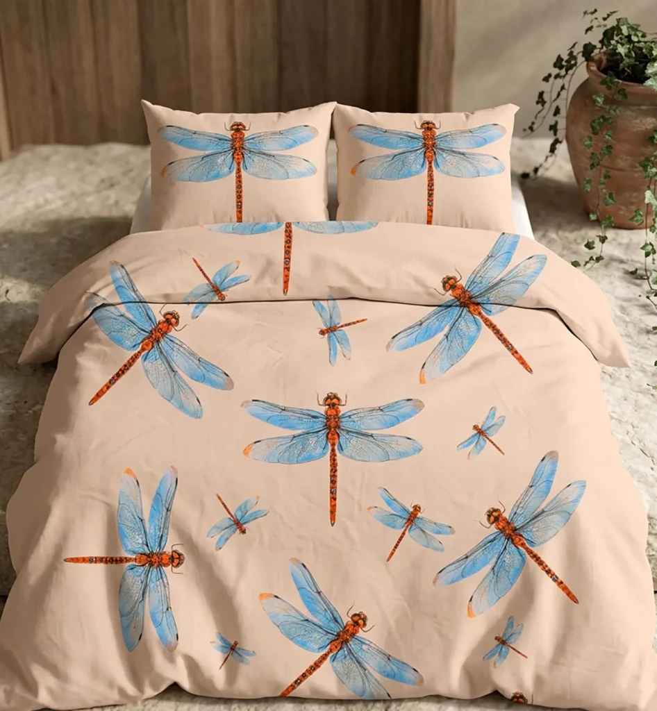 Blue Winged Orange Dragonfly Print on Warm Beige Cotton Bedding Set, One Duvet Cover, Two Pillow Shams