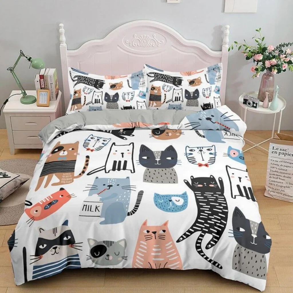 Cartoon Cat Doodle Bedding Set - Cute Kitten Pattern Duvet Cover & Comforter