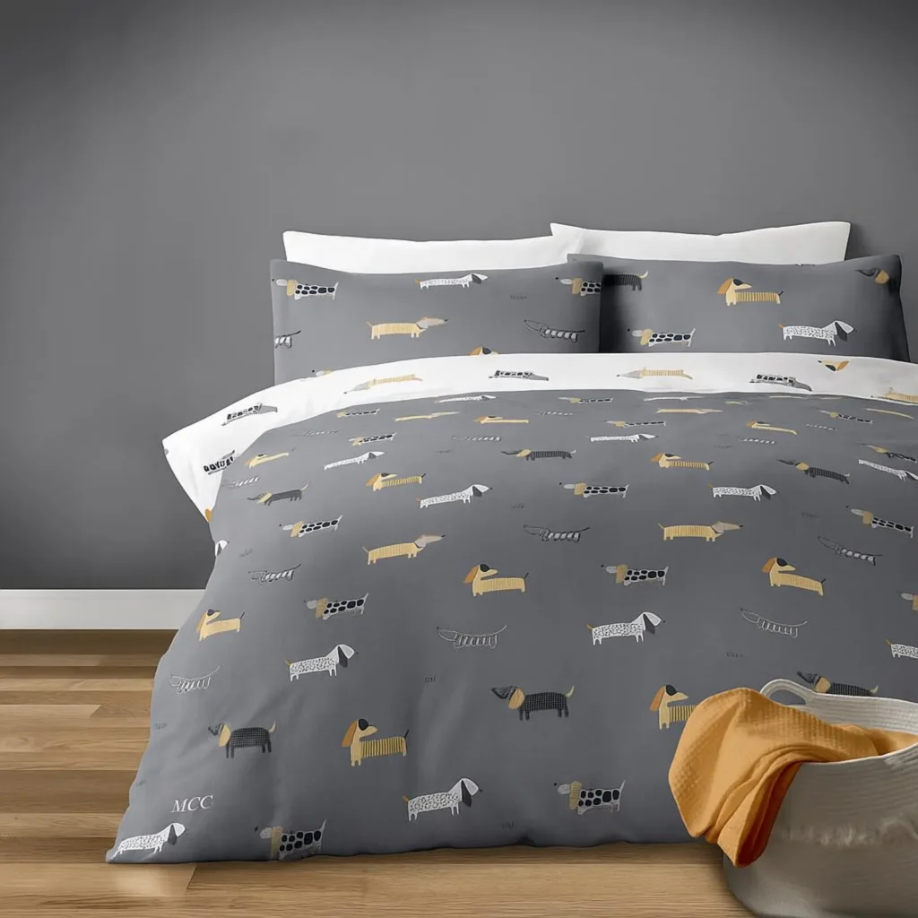 Cute Dachshund Bedding Set, Grey and Mustard Sausage Dog Duvet Cover, Cartoon Wiener Dog Comforter or Quilt Set, Dog Lover Gift Bedding