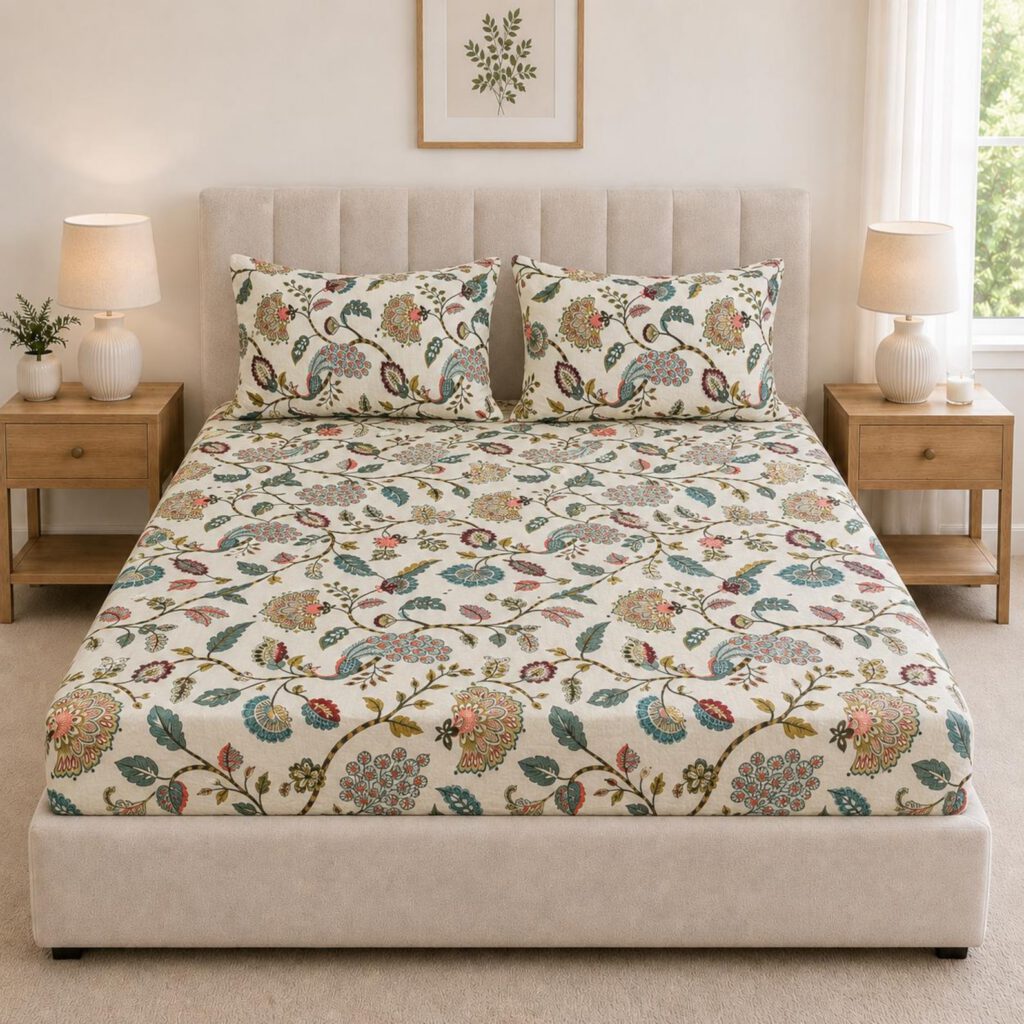 Indian Floral Cotton Bedsheet Set, Boho Ethnic Style Bedding, Soft Breathable Home Decor
