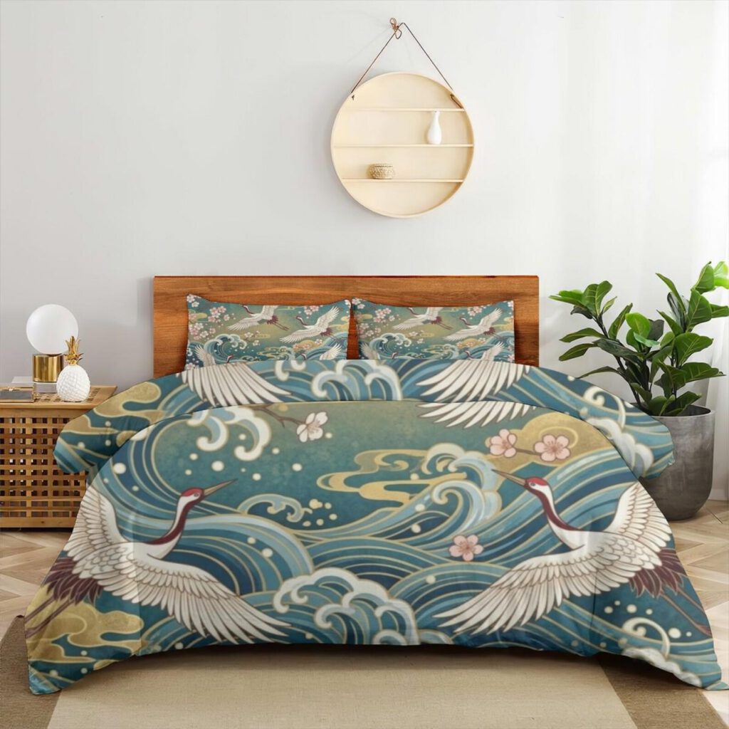 Japanese Wave Crane Bedding Set, Teal Ocean Ukiyo-E Inspired Duvet Cover
