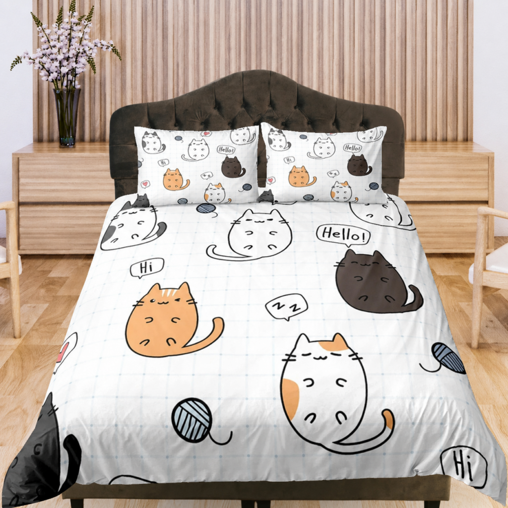 Kawaii Cartoon Cat Bedding Set - Cute Kitten Pattern Duvet Cover & Comforter Set