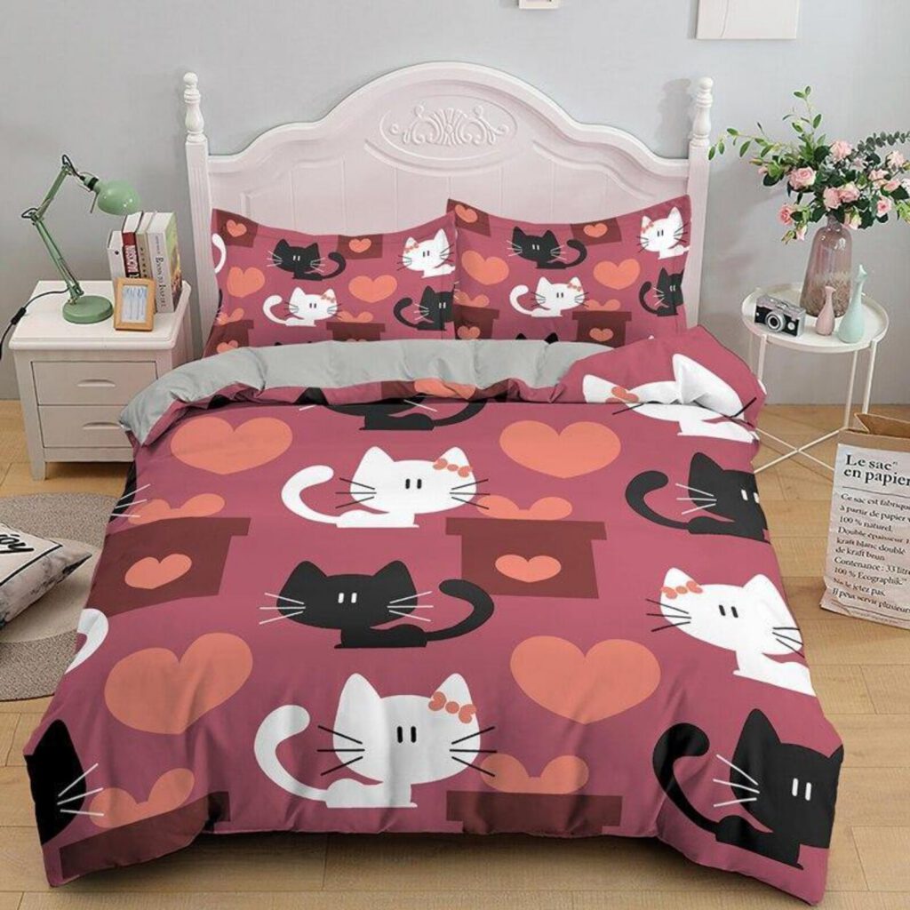 Pink Cartoon Cat Bedding Set - Cute Kitten & Hearts Pattern Duvet Cover & Comforter