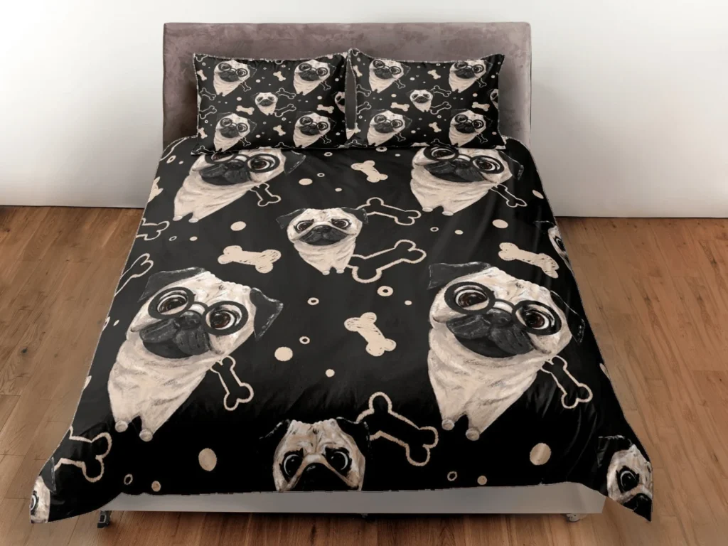 Pug and Bone Themed Black Quilt Cover, Dog Aesthetic Bedding Set, Wonderful Bedding set, Fun Dorm Bedroom Set