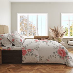 Alternative view of Coral Camellia Lattice Bedding Set