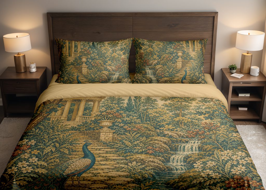 Gilded Peacock Garden Bedding Set mockup 1