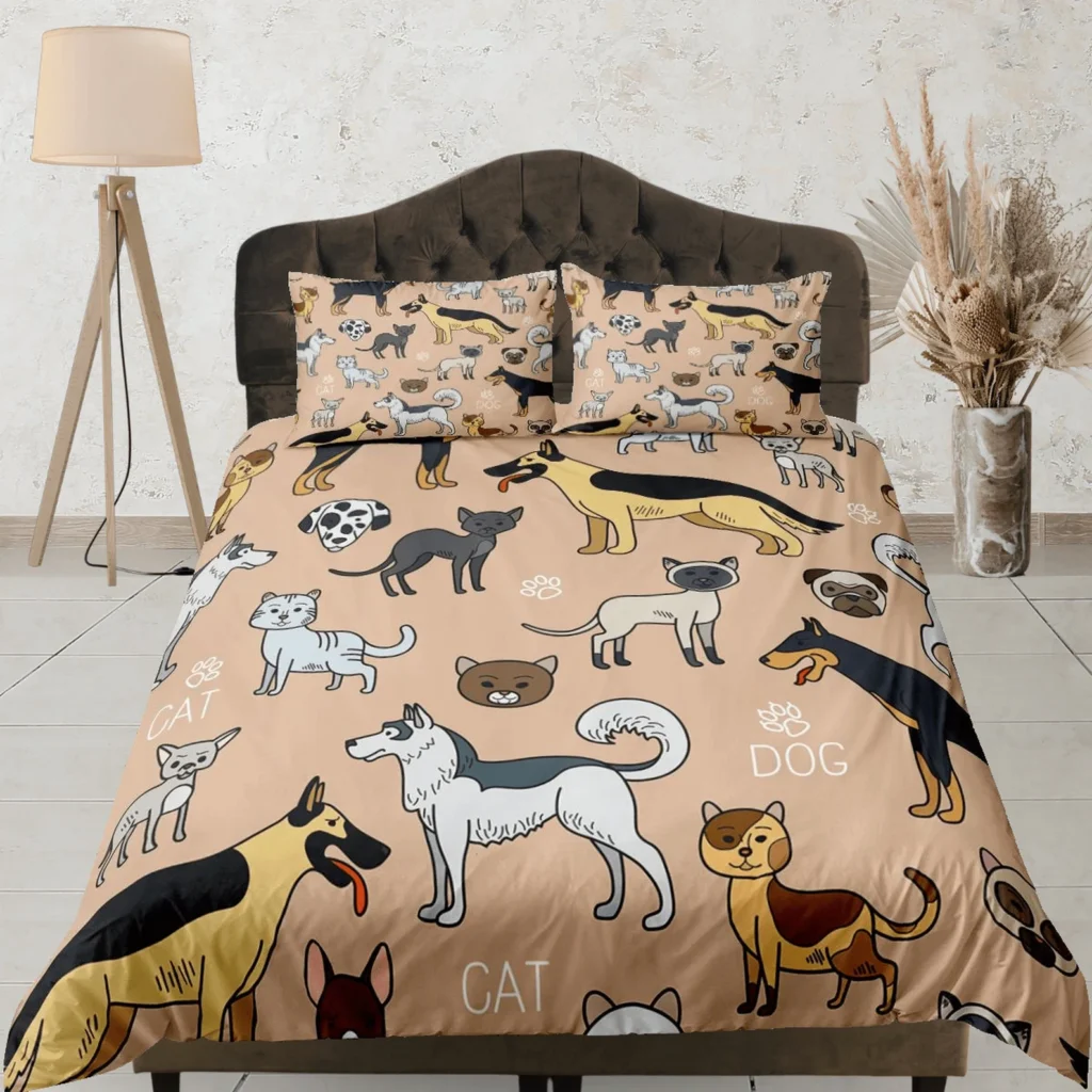 Cartoon Cat and Dog Bedding Set - Cute Pets Pattern Duvet Cover & Comforter Set