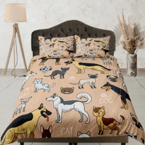 Cartoon Cat and Dog Bedding Set - Cute Pets Pattern Duvet Cover & Comforter Set
