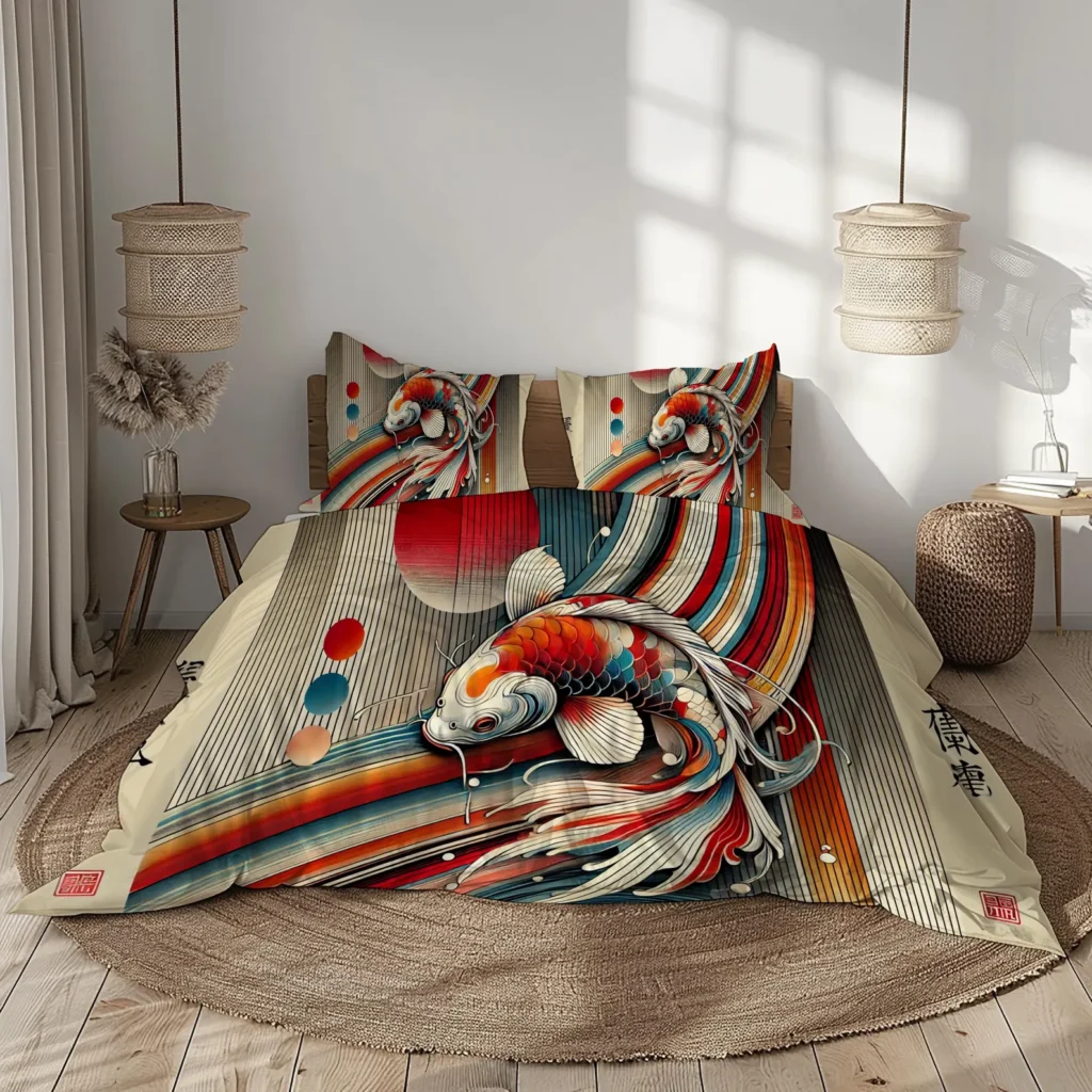 Japanese Koi Fish Bedding Set: Red, Teal, and Golden Duvet Cover