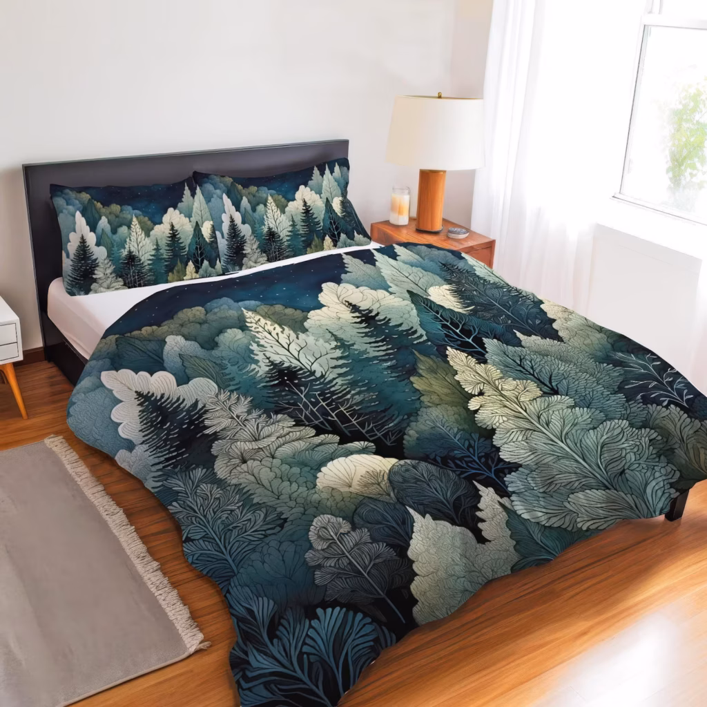 Stylized Night Forest Bedding Set, Dark Pine Forest Bedding, Nature Decor, Whimsical Forest Dreamy Duvet Cover, Comforter, Quilt Set