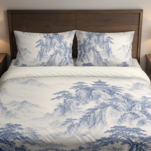 Indigo Pagoda Mist Landscape Bedding Set mockup 1