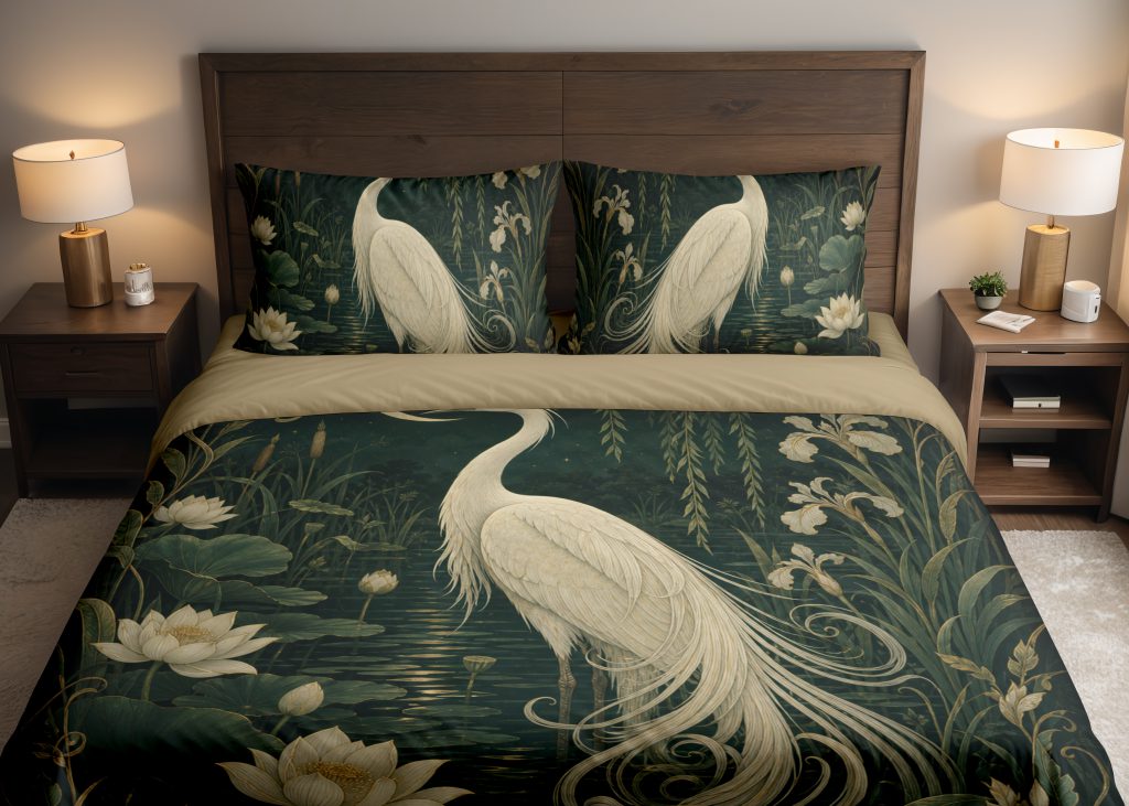 Moonlit Ivory Crane Lagoon Bedding Set