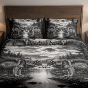 Twin Wolves River Etching Bedding Set