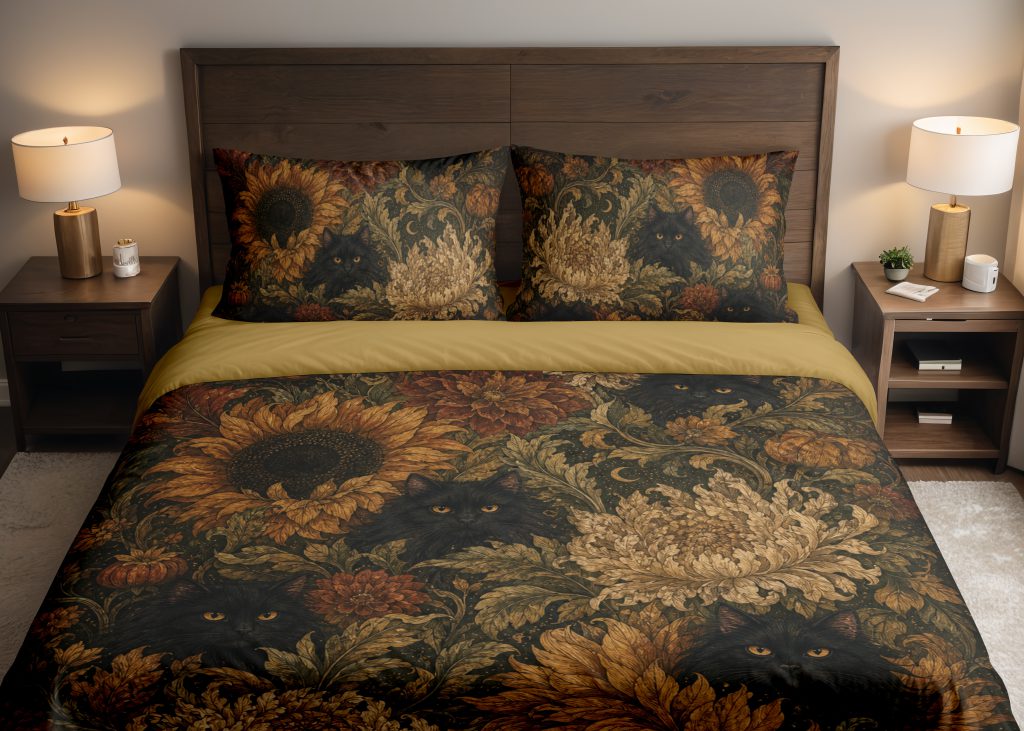 Amber Sunflower Midnight Cats Bedding Set