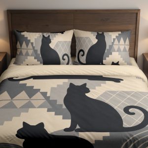 Charcoal Geometric Cat Silhouettes Bedding Set