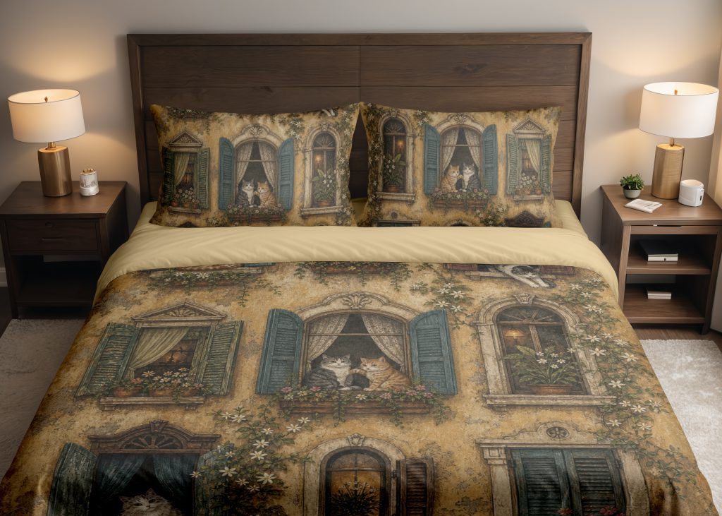 Ochre Window Cats Bedding Set