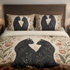 Parchment Floral Cat Pair Bedding Set