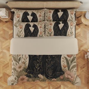 Parchment Floral Cat Pair Bedding Set - Image 3
