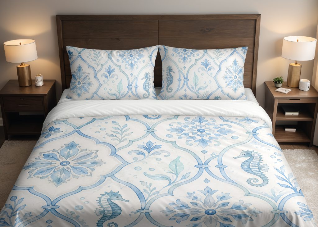 Porcelain Seahorse Quatrefoil Bedding Set