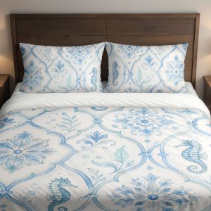Porcelain Seahorse Quatrefoil Bedding Set