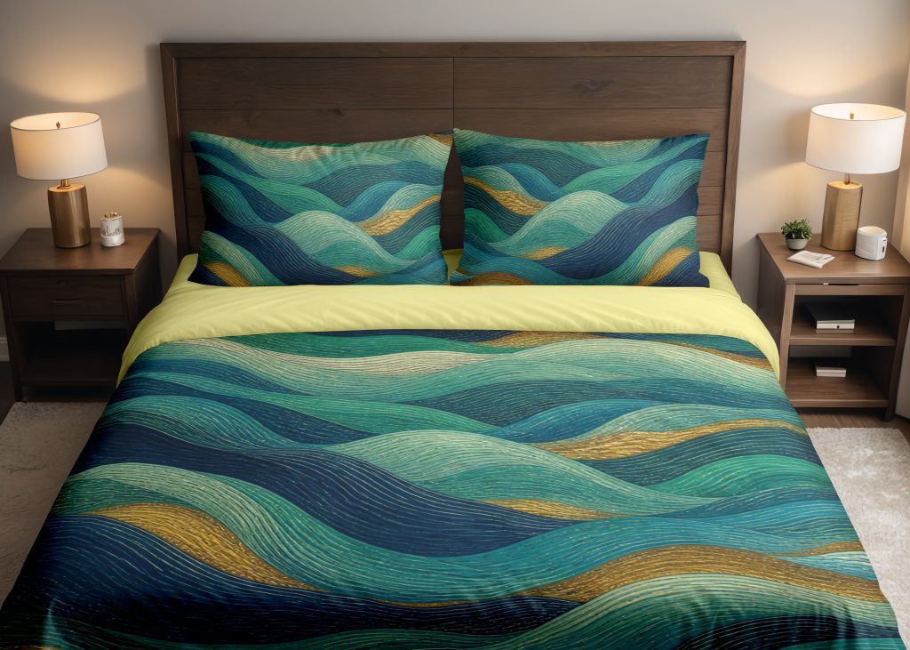 Teal Gilded Tide Ribbons Bedding Set
